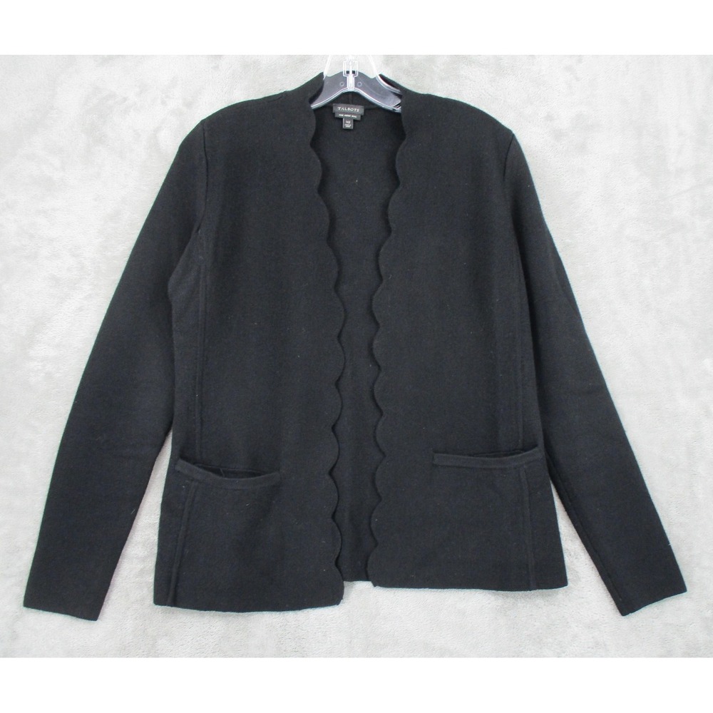 Talbots Sweater XS Merino Wool Scallop‎ Open Front Cardigan Pockets Cozy Black
